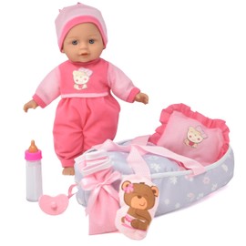 Gift Boutique 12 Inch Interactive Talking Baby Doll with Bassinet Carrier Bed & Accessories, Doll That Cries Laughs Talks with Pacifier Magic Disappearing Bottle & Take Along Bed with Blanket & Pillow