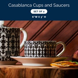 Caskata Casablanca Cups and Saucers Set of 2 | Bone China Black Teacups and Saucers for Entertaining or Everyday | Perfect for Wedding, Birthday, Christmas & Holiday Gifts | 6 oz