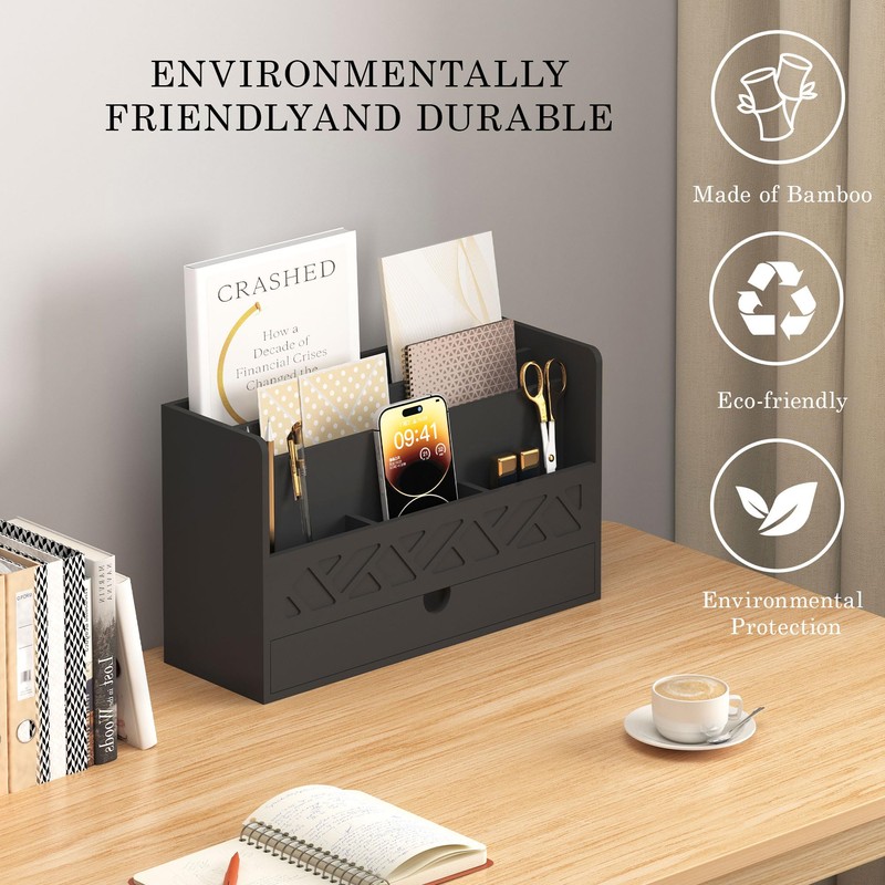 Bamboo Mail Organizer Countertop Desktop with Drawer - Desk Organizer