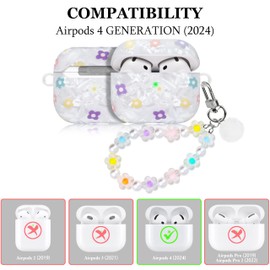 Compatible with AirPods 4 Case Protective Cover and Skin Case for AirPods 4 Gen Full Protection Protective Case with Pearl Lanyard for Girls Women Small Flower