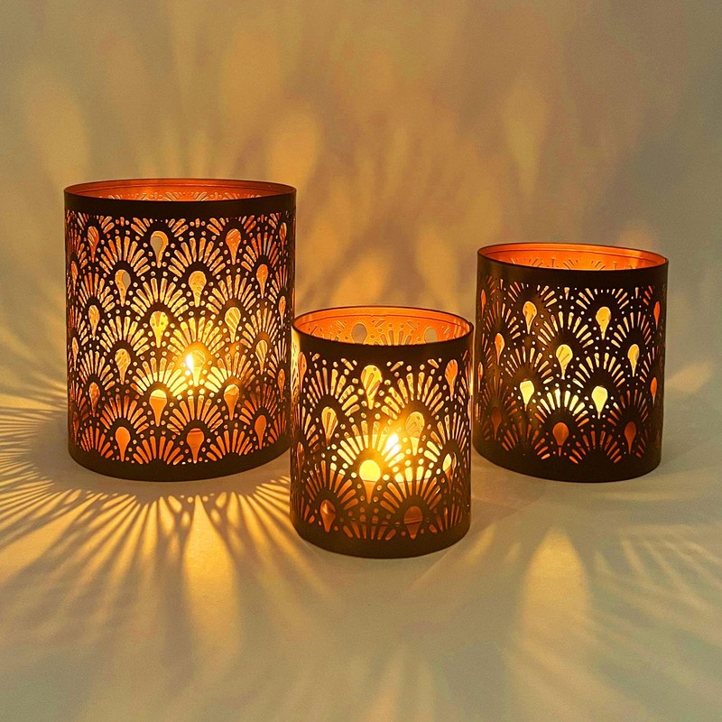 Set of 3 Oriental Tea Light Holders Zalia Metal Black
