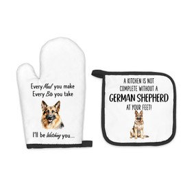 FIicy German Shepherd Gifts Dog Oven Mitts and Pot Holders Sets, German Shepherd Decor Kitchen Accessories Sets, Complete Without a German Shepherd Heat Resistant Oven Glove Potholders for Kitchen