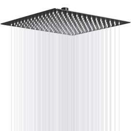 BWE Rain Shower Head High Pressure Black 16 Inch Square 304 Stainless Steel Rainfall Showerhead with 1/2 Connection for Bathroom Ceiling or Wall Mount