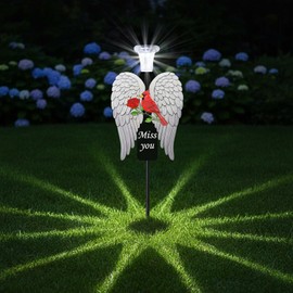 VKEVOC 20-Inch Solar Angel Wings Memorial Stake with Red Cardinal - Metal Cemetery Decorations for Grave, Father's Day Sympathy Gift for Loss of Father Dad Mom(Angel Wings)