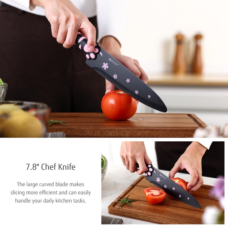 MEOWKIT Cute Kitchen Knife Set, Dishwasher Safe, 5 pieces Non-Stick