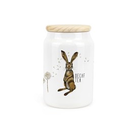Purely Home Hares & Dandelions Ceramic Decaf Tea Storage Canister - Rhiannon Chauncey Floral Hares Artwork Kitchen Food Storage Container & Wooden Lid 600ml (14.5cm x 9.5cm)