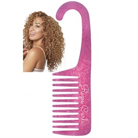 Rizos Curls Pink Hanging Shower Comb for Detangling. For All Hair Types. Luxe Pink Speckled Acetate material.