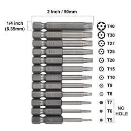SeonFook 12PCS T5-T40 Torx Screwdriver Bit Set S2 Steel Magnetic Tamper Proof Star Security Torx Head Screwdriver Bits 1/4 Inch Hex Shank Screw Driver Drill Bit Tool Kit [2 Inch/50mm Length]