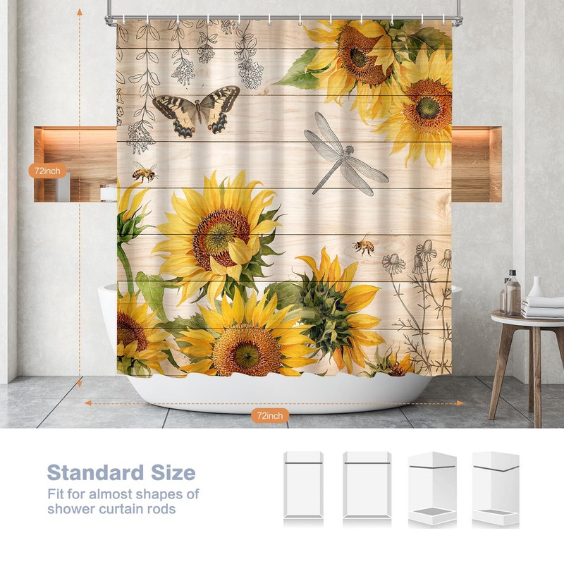 Shower Curtain Sunflower Butterfly Machine Washable Waterproof