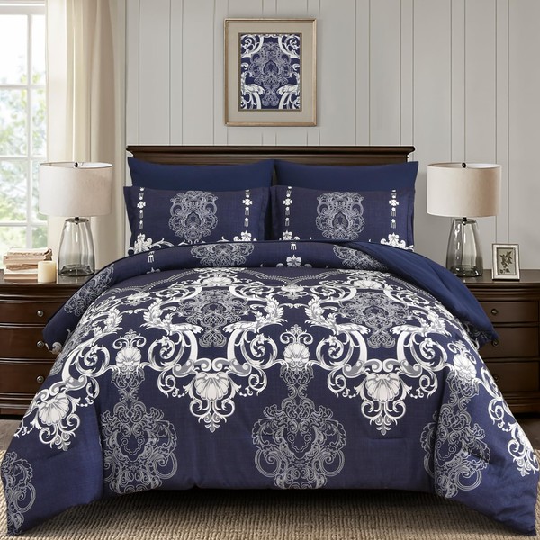 Mybedsoul 7 Pieces Navy Blue Comforter Set King Size, Damask