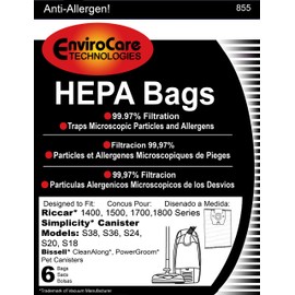 EnviroCare Replacement HEPA Filtration Vacuum Cleaner Dust Bags made to fit Riccar 1400, 1500, 1700, 1800 Series and Simplicity S38, S36, S24, S20 and S18 Canisters 6 pack