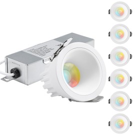 TORCHSTAR 5CCT 2 Inch Recessed LED Lights with Junction Box, Narrow Frame Smooth Trim, Aluminum, 5W 400LM CRI90 Dimmable Anti-Glare Downlight, IC Rated, ETL, 2700-5000K Selectable, Pack of 6
