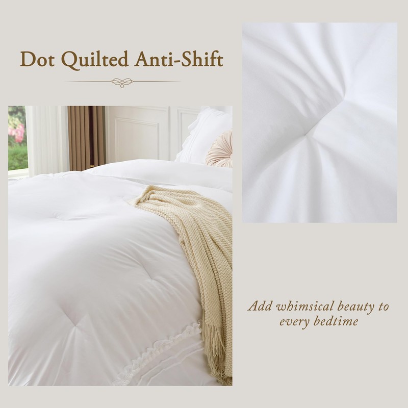 BDEUS White Ruffle Comforter Set Full Size, 3 Pieces Lightweight