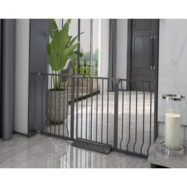 HOOOEN Extra Wide Baby Gate Extra Wide Extra Tall Dog Gates for Stairs Doorways Black Metal Tension Indoor Safety Gates with Pressure Mount 53-57.5 Inch