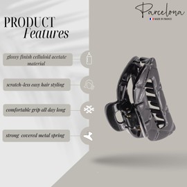 Parcelona French Elite Medium Cellulose Acetate Jaw Hair Claw Clips Durable Styling Women Hair Accessories Hair Clip for Girls (Black)