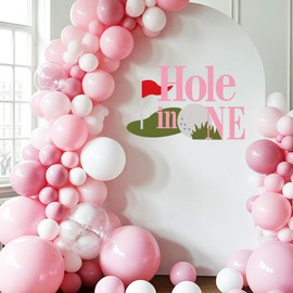 Hole in One Birthday Party Decorations - Golf Themed Sign Decal for Balloons Arch Backdrop, First Birthday Decorations for Boy, One Year Old Wall Decor, 1st Party Supplies Banner for Girl Boys (Pink)
