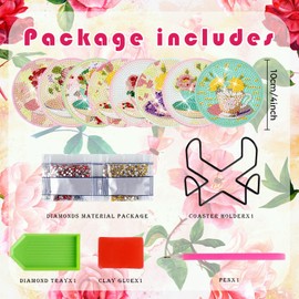 8 Pieces Diamond Art Coaster Kit with Holder DIY Saucer Flower Diamond Art Coaster Gifts 5d Diamond Dot Coaster for Beginners Adults Kids Art Table Home Craft Gift Supplies