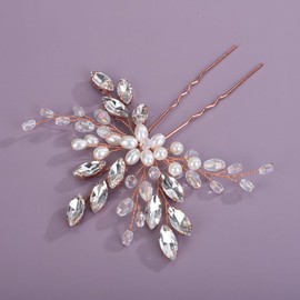 Teyglen Rhinestone Wedding Hair Pins Rose Gold Flower Hair Piece Bridal Crystal Pearl Hair Pins for Bride Decorative Hair Accessories for Women (Rose gold)