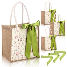 Paterr Wedding Burlap Tote Bags with Handle Jute Gift Bags with Silk Ribbon Wildflower Reusable Tote Handbags for Bridesmaid(3 Pack)