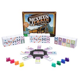 Pressman - Juego de dominó de Tren Mexicano – Hermoso Juego de 12 dominó de Lunares Dobles – Incluye marcadores de Tren y cubeta de 5 Pulgadas