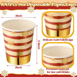 100 Pcs 9 oz Disposable Christmas Cups Christmas Paper Cups Hot Chocolate Bar Supplies Gold Foil Disposable Cups Red Party Cups Gold Coffee Cups for Kids Adults Christmas Holidays Dinner
