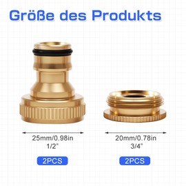 Silkwish 2 x Brass Hose Connector - 1/2 Inch and 3/4 Inch 2-in-1 Garden Hose Connection - 1/2 Inch & 3/4 Inch Tap Connector Female Thread for Gardena Hose Connections - Adapter Tap Garden Hose