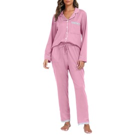 Vlazom Pyjamas Set for Women, Soft Two Pieces Pjs Sets Long Sleeve Button Down Tops and Pants Sleepwear Loungewear with Pockets Pink,M