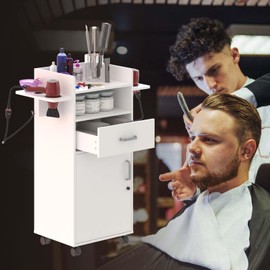 Wood Salon Trolley Cart with Wheels, Hair Station with 6 Tool Holders, Rolling Mobile Hairdressing Barber Station for Beauty Spa Barbershop White