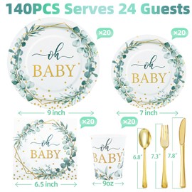 Gudvilla 140PCS Sage Green Baby Shower Decorations for Boy, Baby Shower Plates and Cups and Napkins Sets Serves 20, for Eucalyptus Boho Boy Neutral