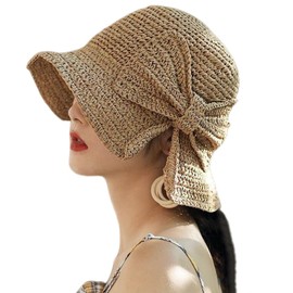Women Straw Hat with Bow-Knot Summer Wide Brim Foldable Packable Sunhat for Girls Ladies Floppy Beach Straw Hat Safari Hat UV Protection Bucket Cap Visor Hat for Vacation Holiday Outdoor Beach Hiking