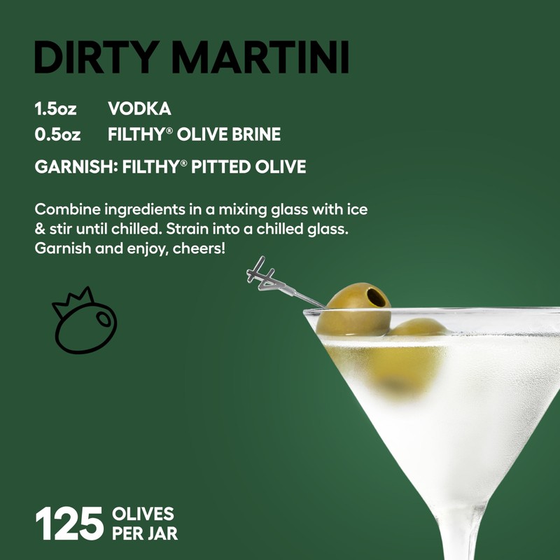 Filthy Pitted Olives, Premium Cocktail Garnish, Pitted Queen Olives, Naturally