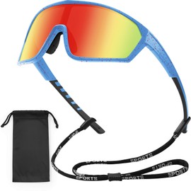 Gafas de Sol Deportivas Polarizadas para Hombres, Mujeres, Jóvenes, Conducción, Ciclismo, Pesca, Correr, Gafas de Sol con Cordón y Bolsa de Gafas, Gafas de Protección 100% UV, Azul-Rojo