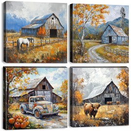 Highland Cow Wall Art Farmhouse Kitchen Decor Autumn Pumpkin Forest Pictures Rustic Barn Windmill Truck Canvas Prints Farm Horse Painting Artwork for Bedroom Living Room Home Decoration 12x12" 4Pcs