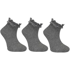 COSHAL® 3 Trim Frilly Lace Ruffled Girls Socks School Ankle Socks, Girls Soft Back to School Trainer Socks Dance Socks Ankle Trim School Uniform Socks (UK Size 9-12) Grey