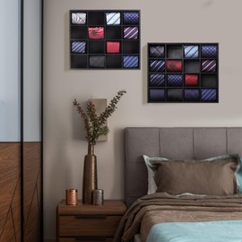 Ribgwo Tie Organizer Wall Mounted Tie rack,Tie box for Men,Tie Box Organizer with 16 Compartments，Tie Display Racks for Bedroom, changing room, Men Wardrobe(Black,2 PCS)