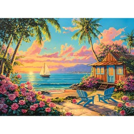 500 Piece Jigsaw Puzzles for Adults, Sunset Beach Cottage Puzzles for Adults, Fun and Challenging Puzzle for Family Time, Relaxing Gift for Adults, Kids, Seniors, 20.5 x 15 in