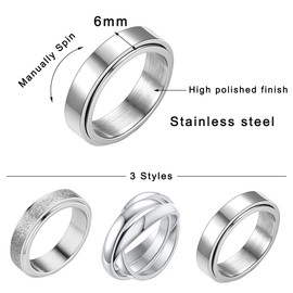 Nanafast 3 PCS Anxiety Spinner Ring Stainless Steel Spinner Band Ring Fidget Rings for Women Men Relieving Stress Anxiety Rings Set silver 6