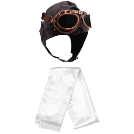 Nicky Bigs Novelties Adult Deluxe Brown Vinyl Vintage Pilot Aviator Helmet Goggles and Scarf Costume Set