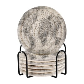 Bar Coaster for Drinks, Coil Woven Coasters Holder Pad 3.94 in Diameter for Mugs Thickness of 0.24 in with Metal Rack Print Ancient Map of The World Black White