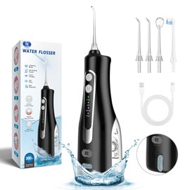 FLOZI Cordless Electric Water Flosser for Teeth – Oral Irrigator with 300ml Tank, Tongue Scraper, Interdental Brushes & Floss Picks – Portable Plaque Remover for Healthy Gums & Teeth whitening (Black)