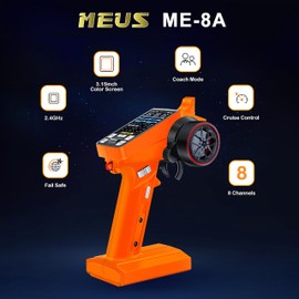 MEUS RACING ME-8A RC Transmitter 8 Channels 2.4GHz and Receiver with Coach Mode for 1/8 1/10 1/18 1/24 RC Crawler Car Boat TRX4 TRX4M SCX10 SCX24 Upgrades Parts (Orange)