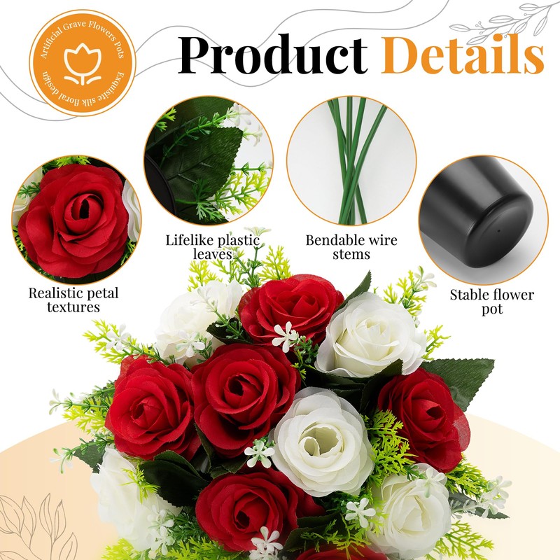GeekLeaf 2 Pcs Artificial Flowers for Graves, Grave Flowers Pots
