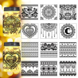 Peacoblue Bohemian Lace Trim Silhouette Cutouts for Jars, Glass, Wishing Bottle Decor(No Stickers), 12Pcs Reusable Silhouette for Lantern DIY Craft Kit Jar Decals Art Mural Home Party Garden Decor