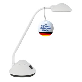 MAUL Maularc LED Desk Lamp, Small Desk Lamp with Stand, Classic Table Lamp for Desk, Office, Flexible LED Lamp with 3000 K Warm White LED Light, White