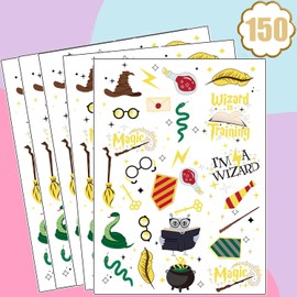 150Pcs Wizard Temporary Tattoos Stickers Wizardry Gold Foil Tattoos Party Favors Decoration Supplies for Gifts Prizes Rewards Goodie Bag Fillers