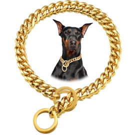 LuxLife 12mm Gold Cuban Link Dog Collar - Stainless Steel Chain Collar with O-Ring Lock for Small, Medium & Large Dogs - Adjustable Heavy Duty Pet Walking Collar (Gold, 18 Inch)