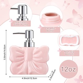 Teenyyou 2 Pack Ceramic Bow Shape Soap Dispensers Cute White and Pink Coquette Bow Hand Sanitizer Bottle 12 oz Hand Soap Dispenser with Pump Bathroom Lotion Dispenser for Bathroom Kitchen Countertop