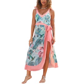 Bhome Maternity Swimsuit One Piece with Cover Up V Neck Maternity Bathing Suit Sets Pregnant Swimwear Printed Pink and Green Leaves M