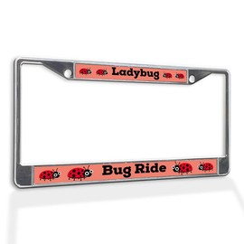 Fastasticdeals Metal Insert License Plate Frame Lady Bugs on Ride Ladybug Weatherproof Car Accessories Chrome 2 Holes Solid Insert