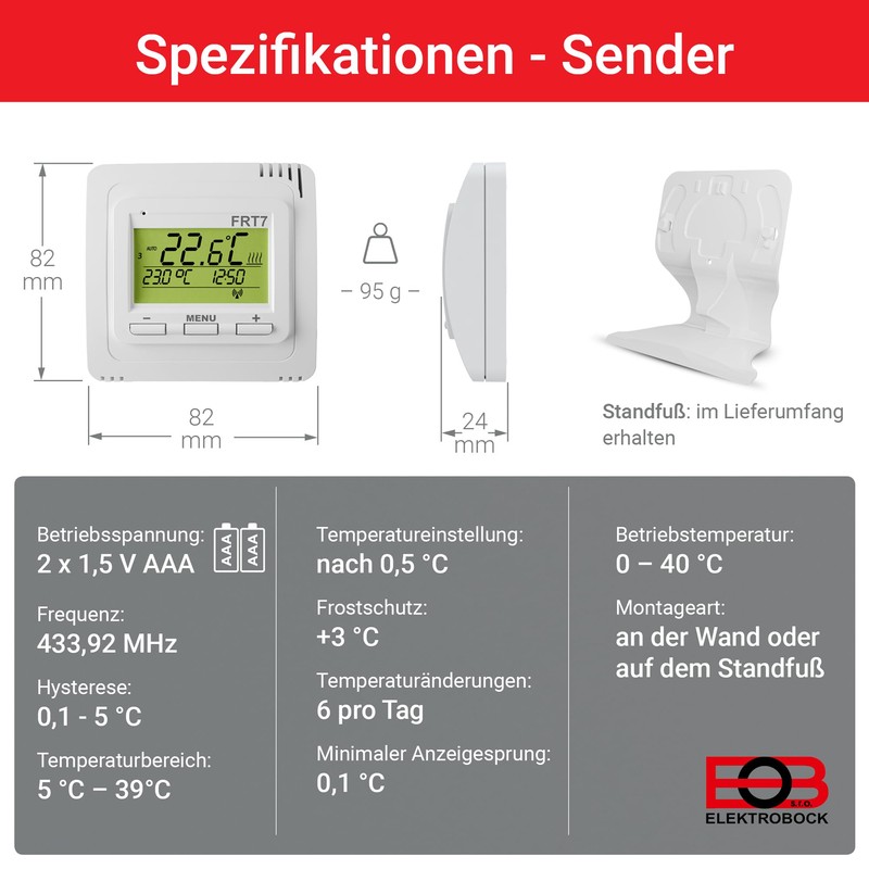 ELEKTROBOCK FRT7B3 Wireless Room Thermostat with Stand, Place Anywhere, with